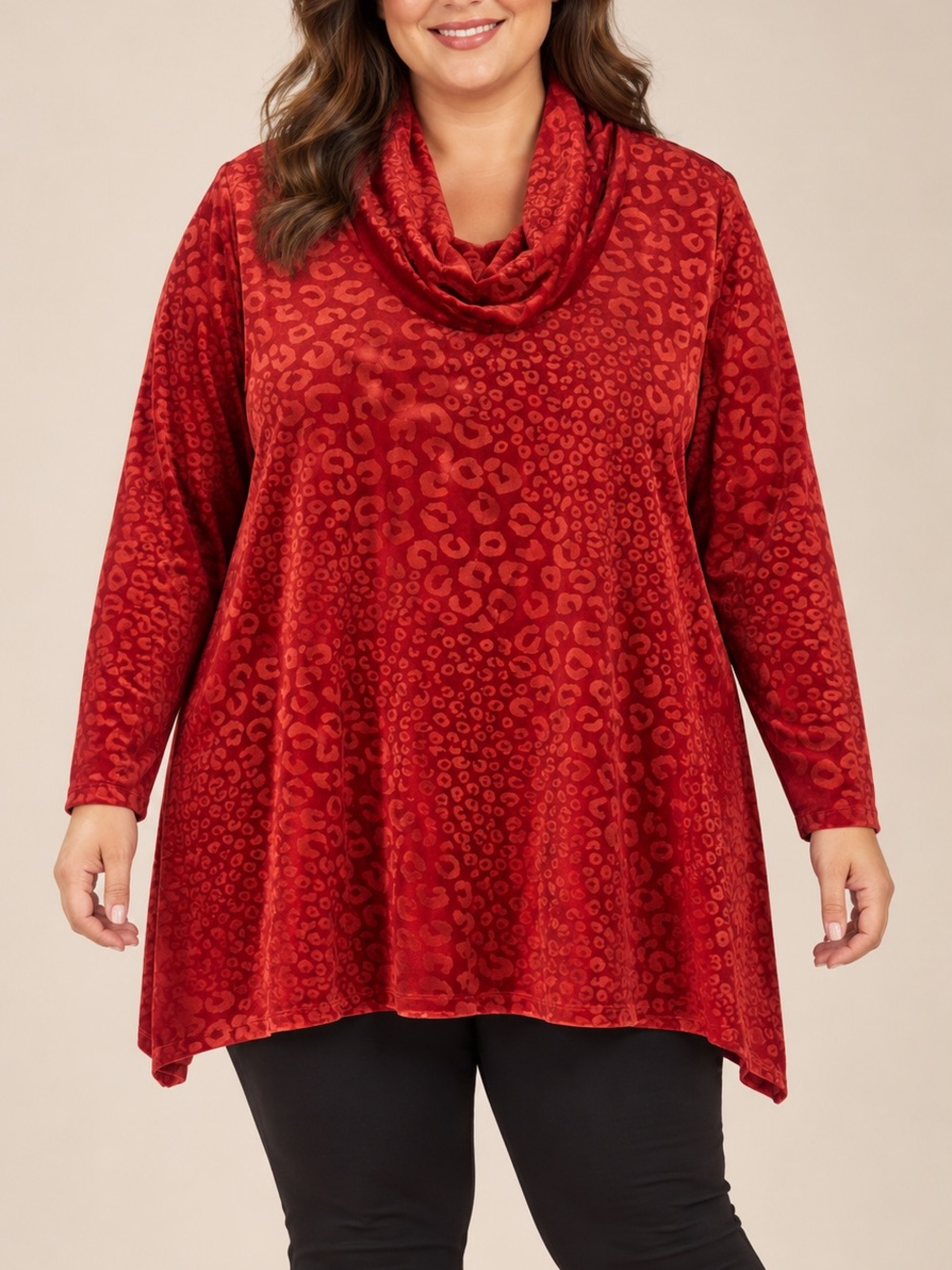 Ruby Rd. Red Velvet Leopard-Print Cowl Neck Sweater - Picture 1 of 5